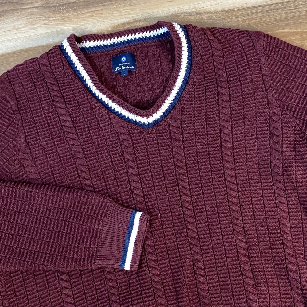 Ben Sherman Sweater Mens Large 100% Cotton Cable Knit V-Neck Burgundy Tennis